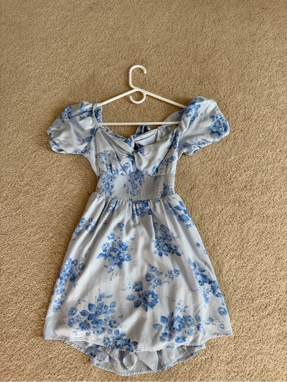 Girls Blue Floral Puff Sleeve Dress